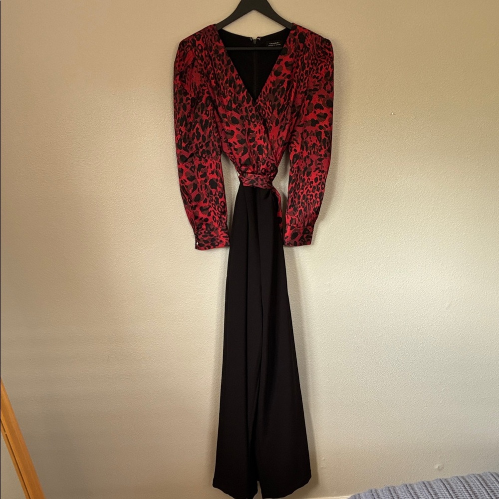 Tahari Red Leopard Print Wrap Jumpsuit with Black Pants